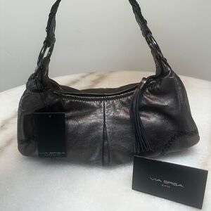 Y2K Via Spiga Madeline Pewter Leather Hobo with Braided Strap and Tassel NWT